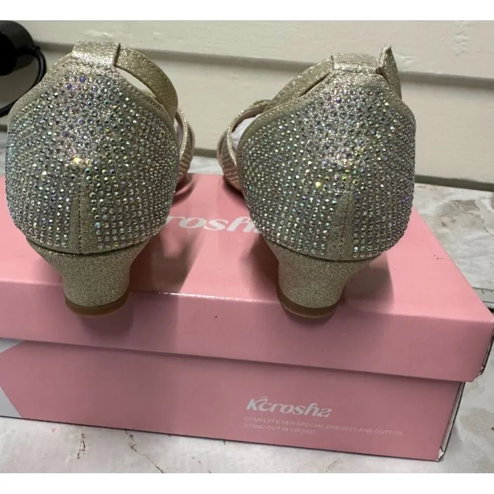 K Crosha  Big Girl's Mid Hell‎ Sandal Rhinestone Gold 4MT New !